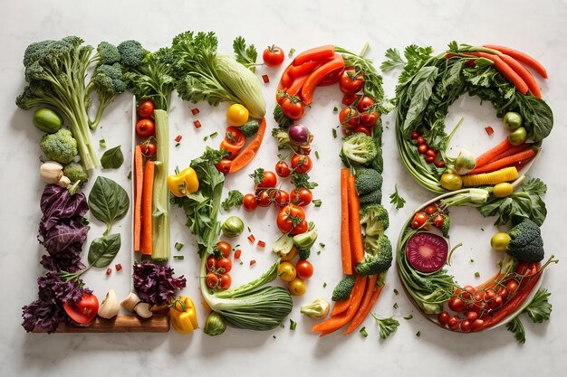letras veganas hechas de verduras sobre fondo blanco