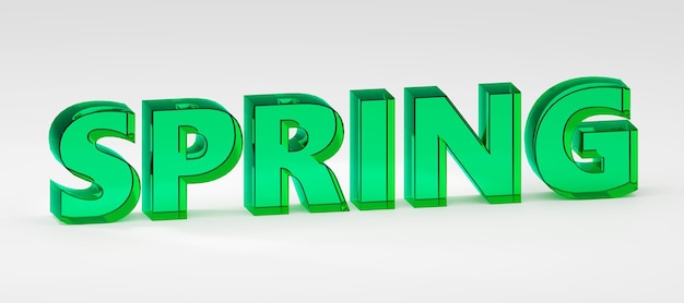 Las letras de vidrio de la inscripción de primavera en el podio gris de luz suave fondo liso renderización 3D