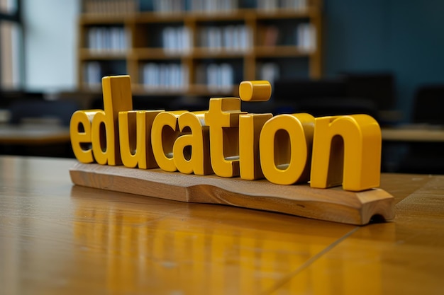 Letras volumétricas de madeira com educação escritas em uma mesa da biblioteca simbolizando a aprendizagem e o sucesso acadêmico