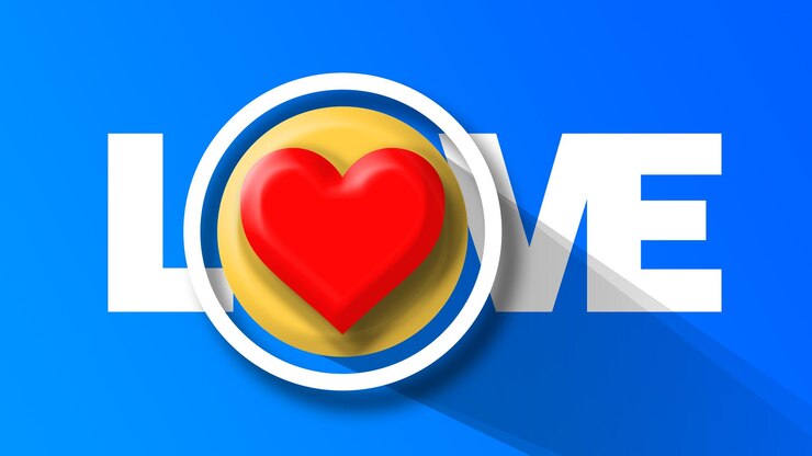Letrero de amor. Mensaje de amor y amistad. Texto gigante amor. Emoticono amor corazon. fondo azul.