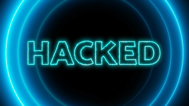 Un letrero azul neón hackeado que brilla animado en un fondo oscuro