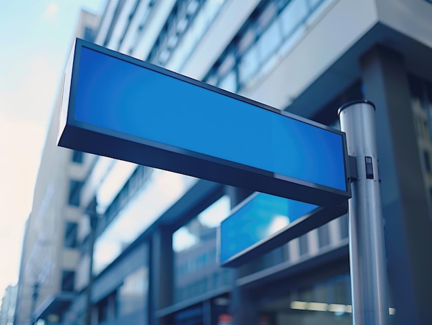 Foto un letrero azul está en un poste frente a un edificio
