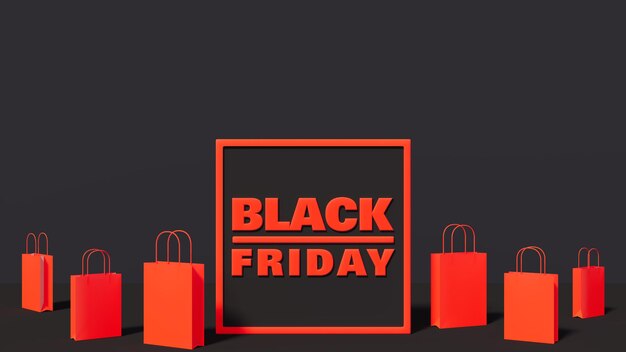 Letrero de Black Friday junto a bolsas de compras de color rojo en la ilustración 3d del escenario negro