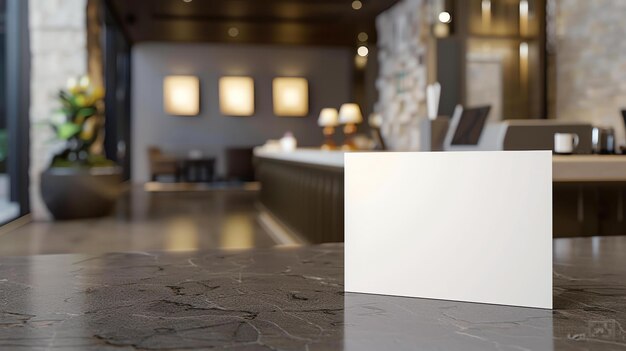 Foto un letrero en blanco de papel de pie en la mesa de mármol en el vestíbulo del hotel