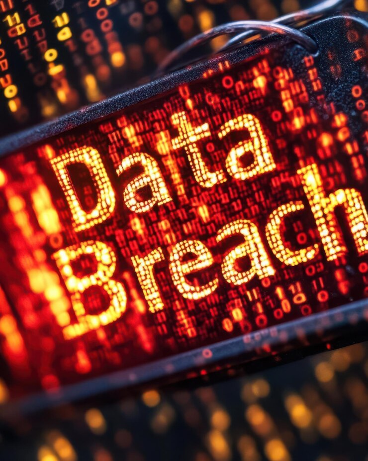 Foto un letrero brillante muestra las palabras "data breach" contra un telón de fondo de código binario