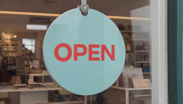 un letrero circular colgado en la puerta de vidrio de la tienda que dice Abierto