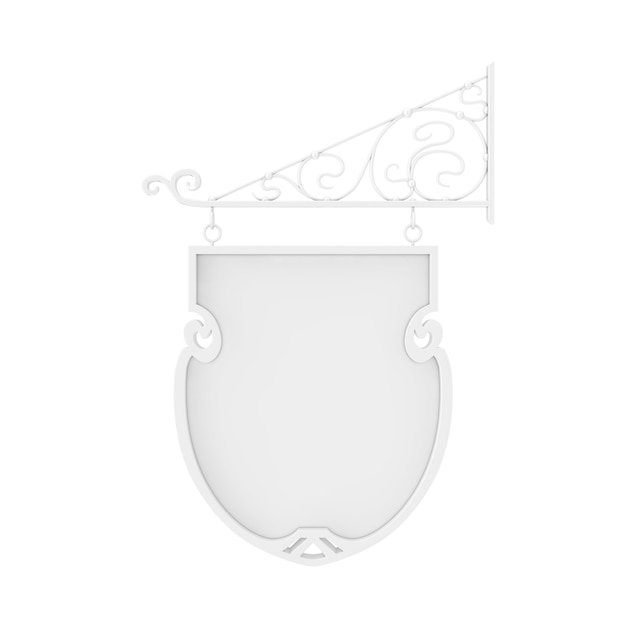 Letrero colgante blanco en blanco con espacio libre para su diseño y elementos de forja floral en estilo arcilla sobre un fondo blanco. Representación 3D