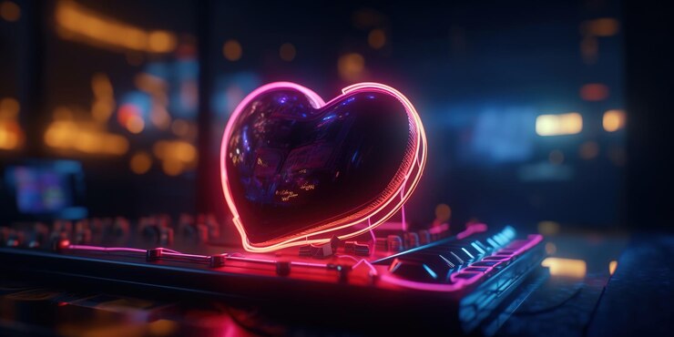 Foto un letrero de corazón de neón en una habitación oscura con un fondo borroso ia generativa