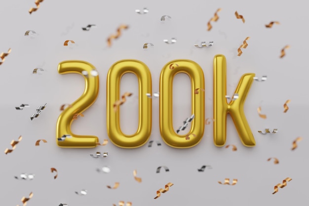 Letrero dorado de 200K y globos brillantes para amigos y suscriptores de redes sociales