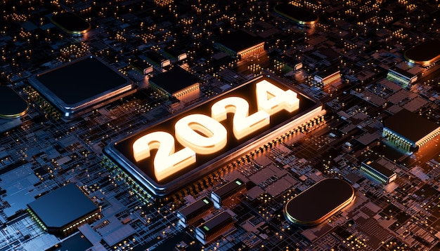 letrero iluminado de 2024 en una placa base futurista