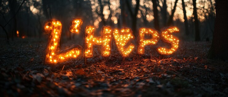 Foto letrero iluminado en un bosque oscuro