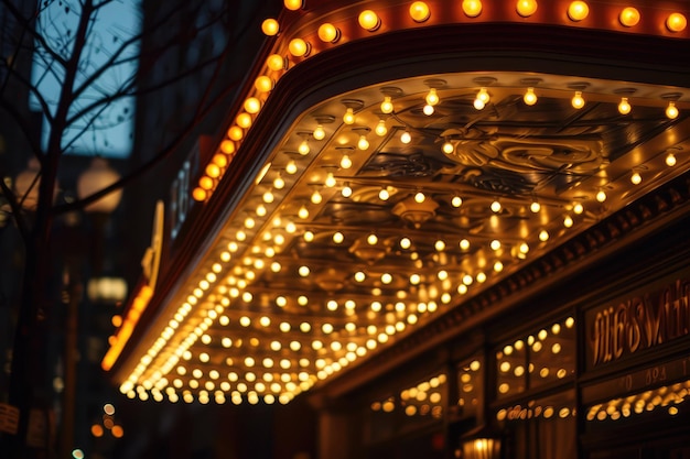 El letrero iluminado de la carpa del teatro brilla brillantemente evocando un ambiente alegre para honrar las artes