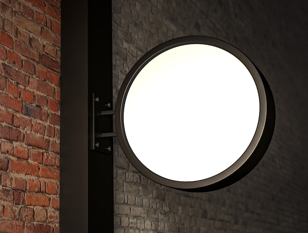 Foto letrero de luz en la superficie de la pared de ladrillo, render 3d