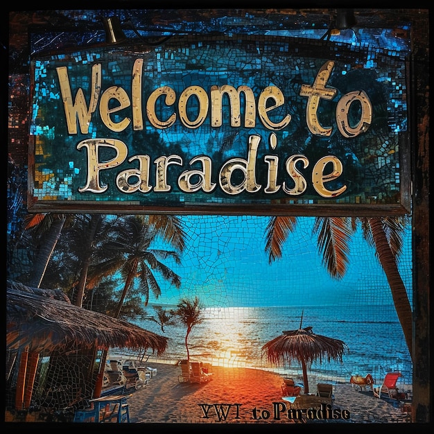 Foto letrero de madera de bienvenida que dice bienvenido al paraíso en la playa de la isla de koh rong con verde
