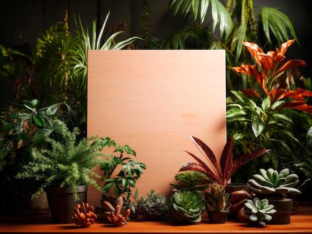 Letrero de madera en blanco con varias plantas de interior sobre mesa de madera IA generativa