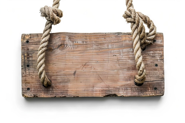 Un letrero de madera colgando de una cuerda