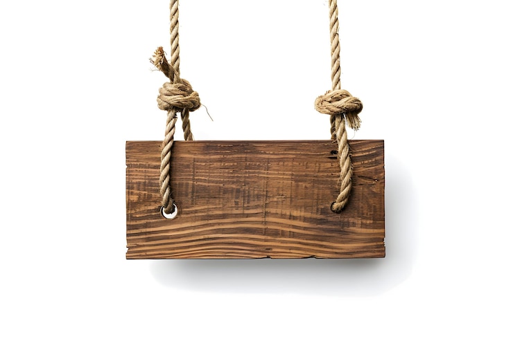 Foto un letrero de madera con cuerda y cuerda colgando de él