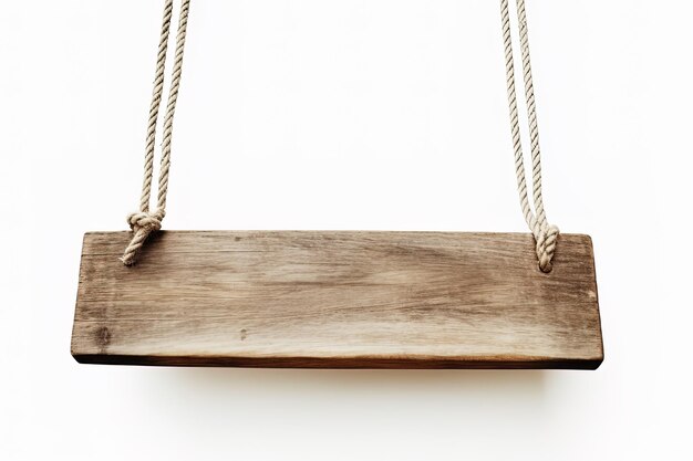 Letrero de madera liso colgando de una cuerda aislado sobre fondo blanco.