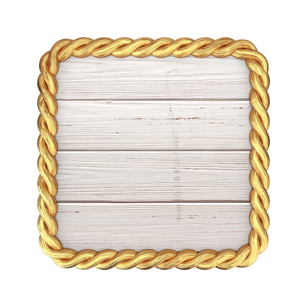 Foto letrero de madera y marco de cuerda de rectángulo dorado con espacio en blanco para su diseño sobre un fondo blanco. representación 3d