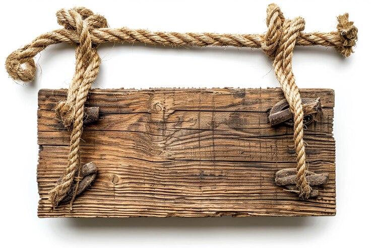 Foto un letrero de madera marrón para colgar una cuerda de cáñamo sobre un fondo blanco