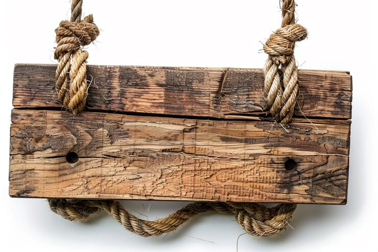 Foto un letrero de madera marrón para colgar una cuerda de cáñamo sobre un fondo blanco