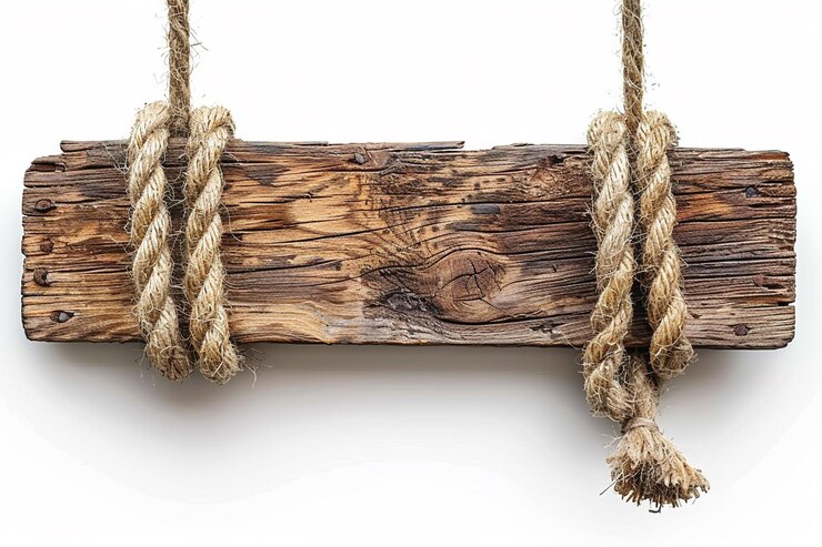 Foto un letrero de madera marrón para colgar una cuerda de cáñamo sobre un fondo blanco
