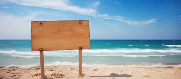 letrero de madera en la playa con una playa al fondo