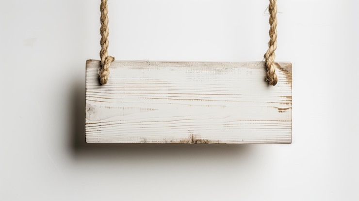 Foto un letrero de madera rústico en blanco colgado por una cuerda contra un fondo blanco listo para la personalización