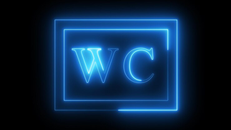 Foto un letrero de neón azul brillante con las letras wc dentro de un marco rectangular sobre un fondo oscuro