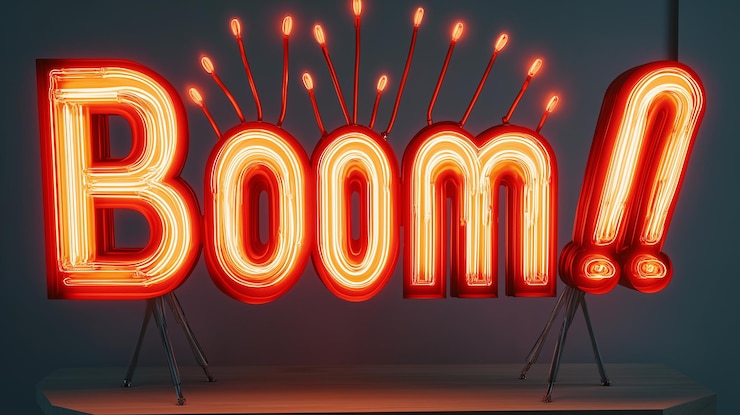 Foto el letrero de neón boom explota con luz roja y chispas