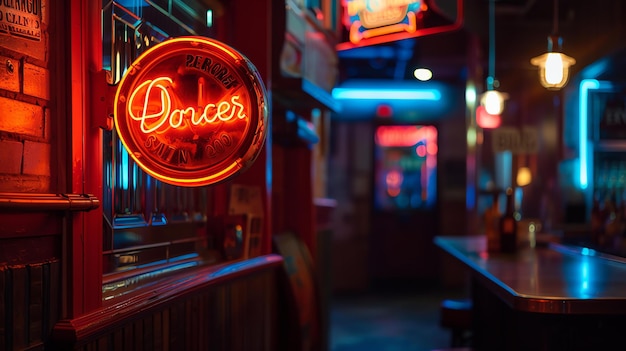 Letrero de neón de estilo retro en la pared del bar Tabla de neón roja brillante Concepto de vida nocturna y entretenimiento