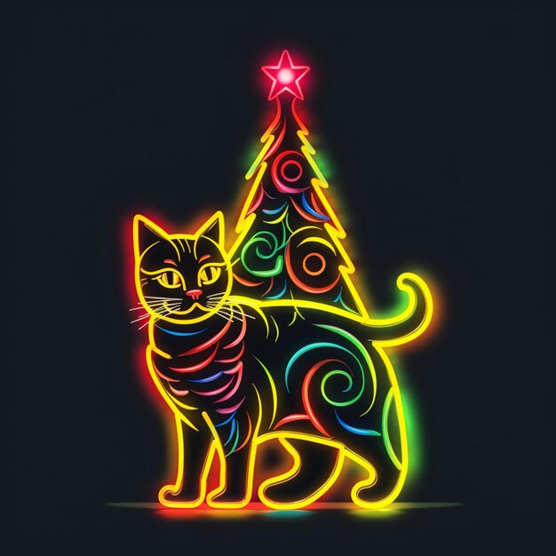 letrero de neón gato árbol de Navidad luces fondo oscuro