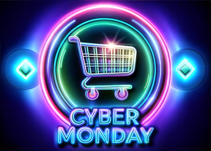 Foto un letrero de neón que dice cyber lunes en él