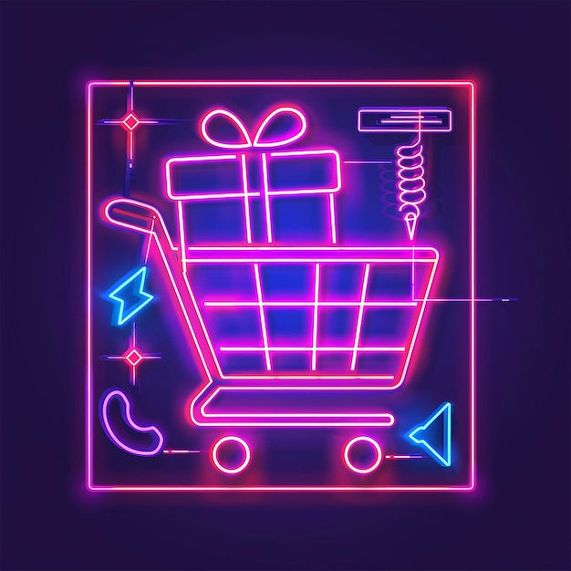 un letrero de neón que dice regalo en un carrito de compras