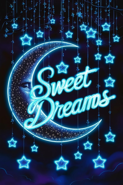 Foto un letrero de neón que dice sueños dulces está iluminado en azul