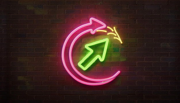 un letrero de neón que está iluminado con una flecha verde