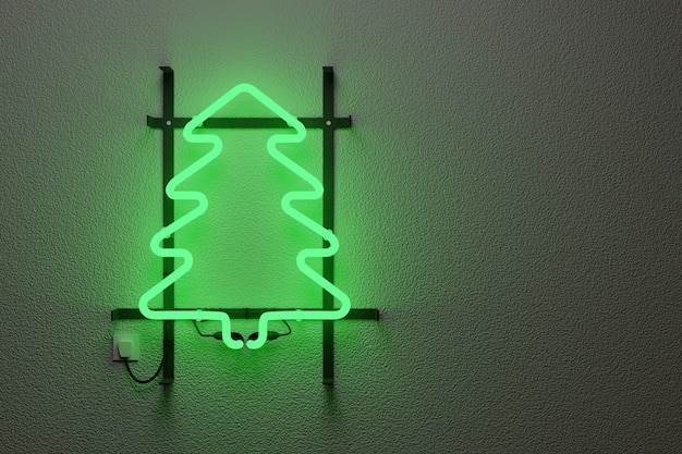 Letrero de neón realista con árbol de Navidad verde.