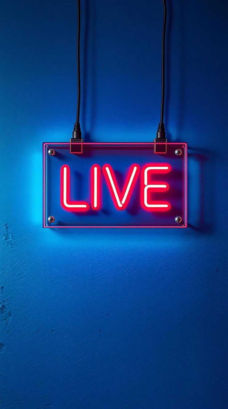 Foto el letrero de neón rojo live brilla brillantemente contra una pared oscura con textura que simboliza la transmisión instantánea y la transmisión de medios en tiempo real