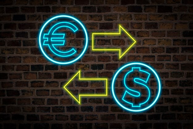 Foto letrero de neón con signos de dólar y euro sobre fondo de pared de ladrillo. concepto de cambio de moneda.