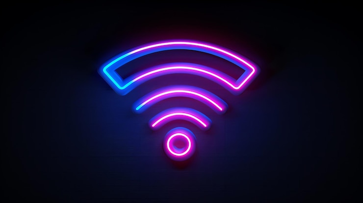 Foto un letrero de neón de un símbolo wifi en azul y rosa