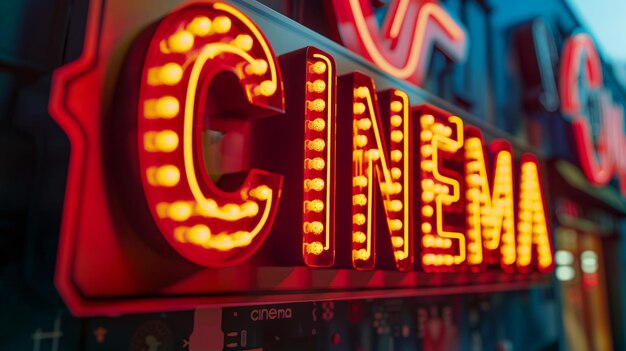 Foto un letrero de neón para un teatro de cine con un cartel de neón