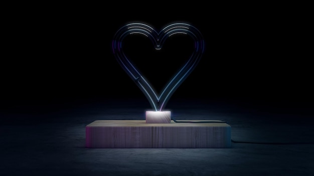Letrero de neón vacío de cristal del corazón sin iluminación en el escenario Representación 3D