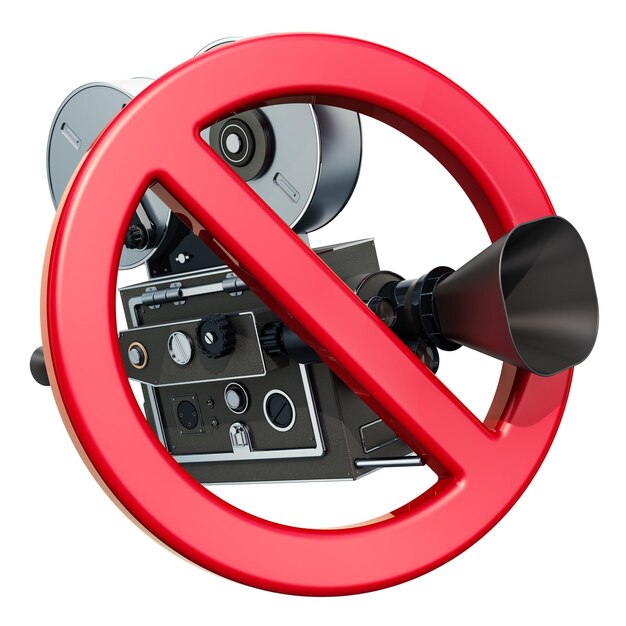 Foto letrero prohibido con representación en 3d de una cámara de cine