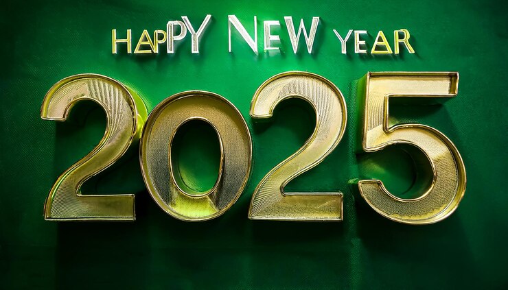Un letrero que dice Feliz Año Nuevo 2025 aislado en un fondo verde
