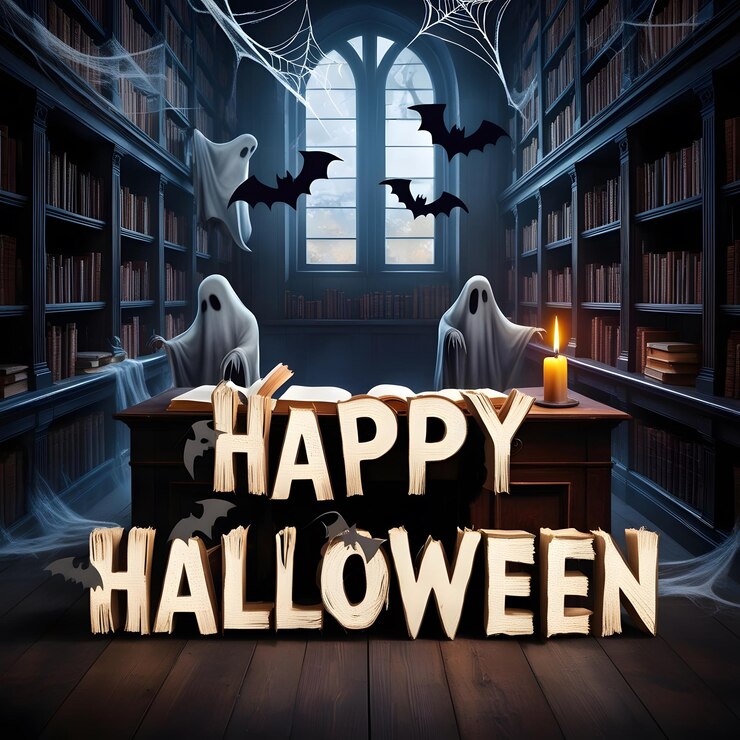 un letrero que dice feliz Halloween está en una mesa