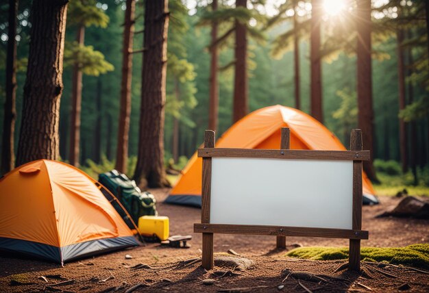 un letrero que dice que el campamento está en un soporte con tiendas de campaña en el fondo