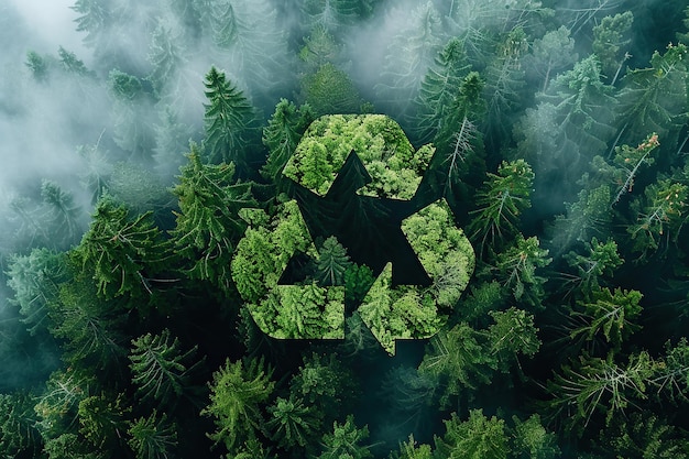 Foto letrero de reciclaje impreso en el dosel del bosque de niebla