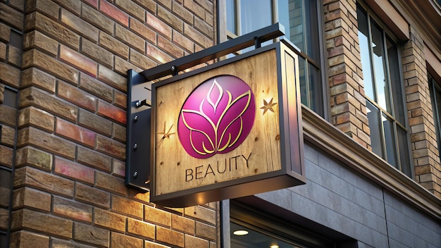 un letrero para el salón de belleza está colgado de una pared de ladrillo