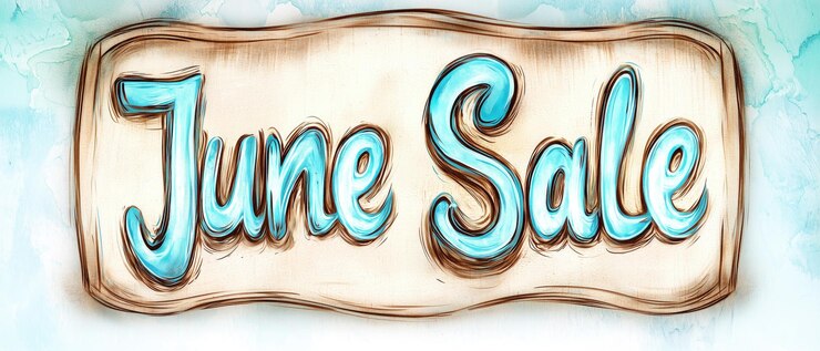 Foto letrero de venta de junio dibujado a mano con letras azules sobre un fondo de madera con textura