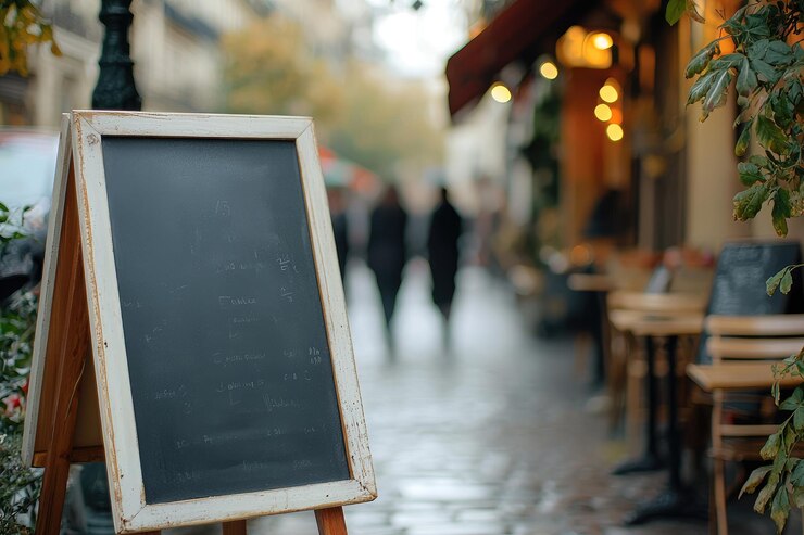 Letreros de acera de cafetería esperando descripciones con Bokeh de parejas paseando en el fondo